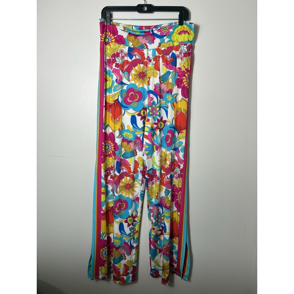 Tina Turk Pull On Tropical Resort Pants XL‎ Colorful Side Slit Beach